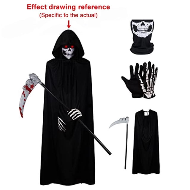 Disfraz de la muerte de Grim Reaper para Halloween, sombrero de capa con guantes de Hoz, máscara de fantasma, disfraz de miedo para Halloween, suministros de vestir para fiesta
