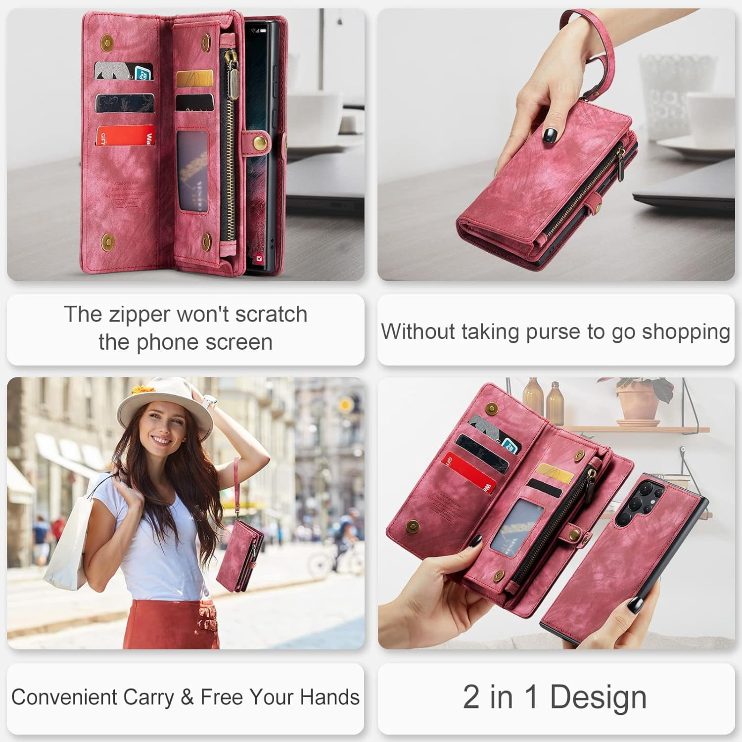 Phone Case for Samsung Galaxy S22 Ultra 5G Zipper Wallet Cover with Tempered Glass Screen Protector and Flip Cash Card Holder Cell Accessories Gaxaly S22ultra 22S S 22 22ultra G5 Women Men Red
