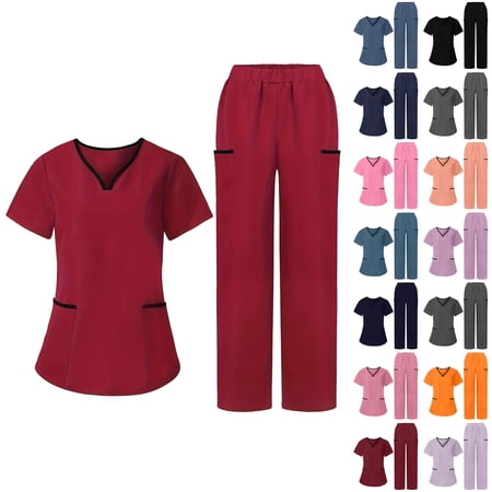 Bloomae Scrubs for Women Set Short Sleeve Solid Color Nurse Scrubs for Women Set Scrub Pants V Neck Scrub Tops Women Jogger Scrubs with Multi-Pockets