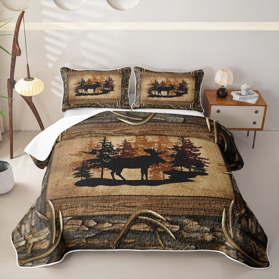 Erosebridal Brown Rustic Farmhouse Twin Quilt Set, Deer Wildlife Twin Coverlet Set, 2-Piece