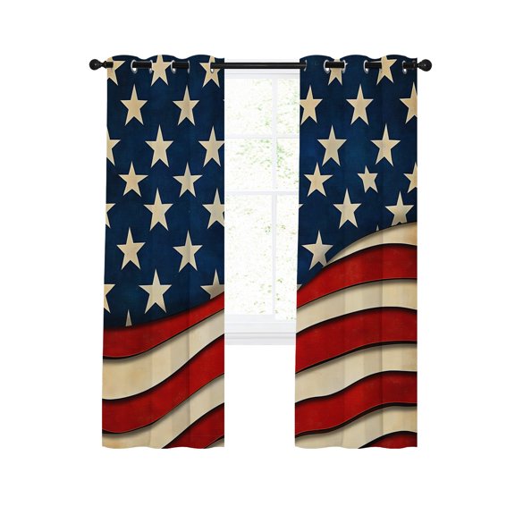 Vintage American Flag Blackout Curtains 39 Inches Length, Red Beige Waves Window Treatment Thermal Insulated Drapes for Bedroom Living Room 2 Panels 55x39 Inches