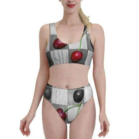 Bixox Cherries laid Pattern Two-Piece Sports Bikini with U-Shaped Top and High-Waist Bottom - Women s Swimwear with Removable Bra Pads