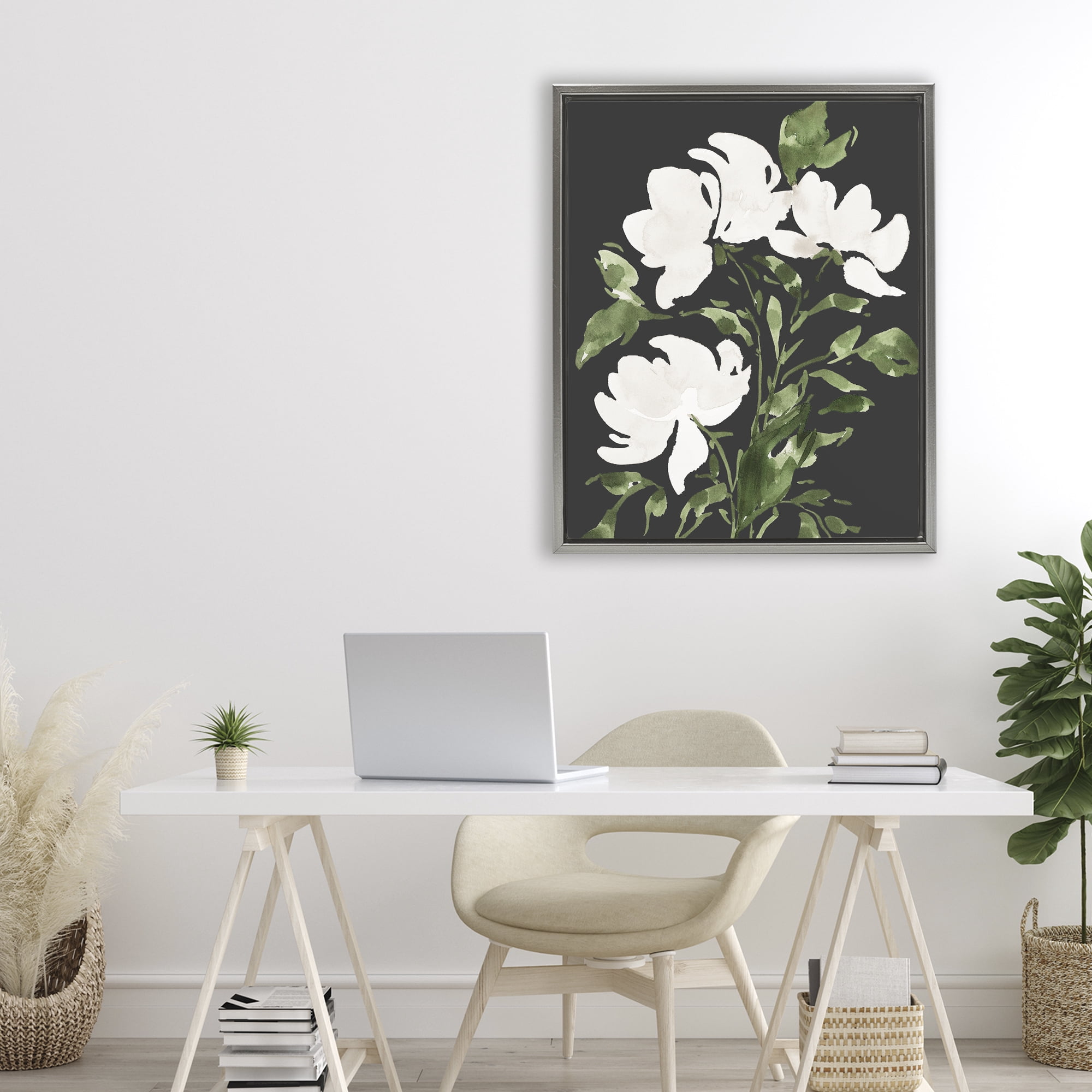 Stupell Industries White Over Black Floral Gray Framed Floater Canvas Wall Art, design by Lucille Price