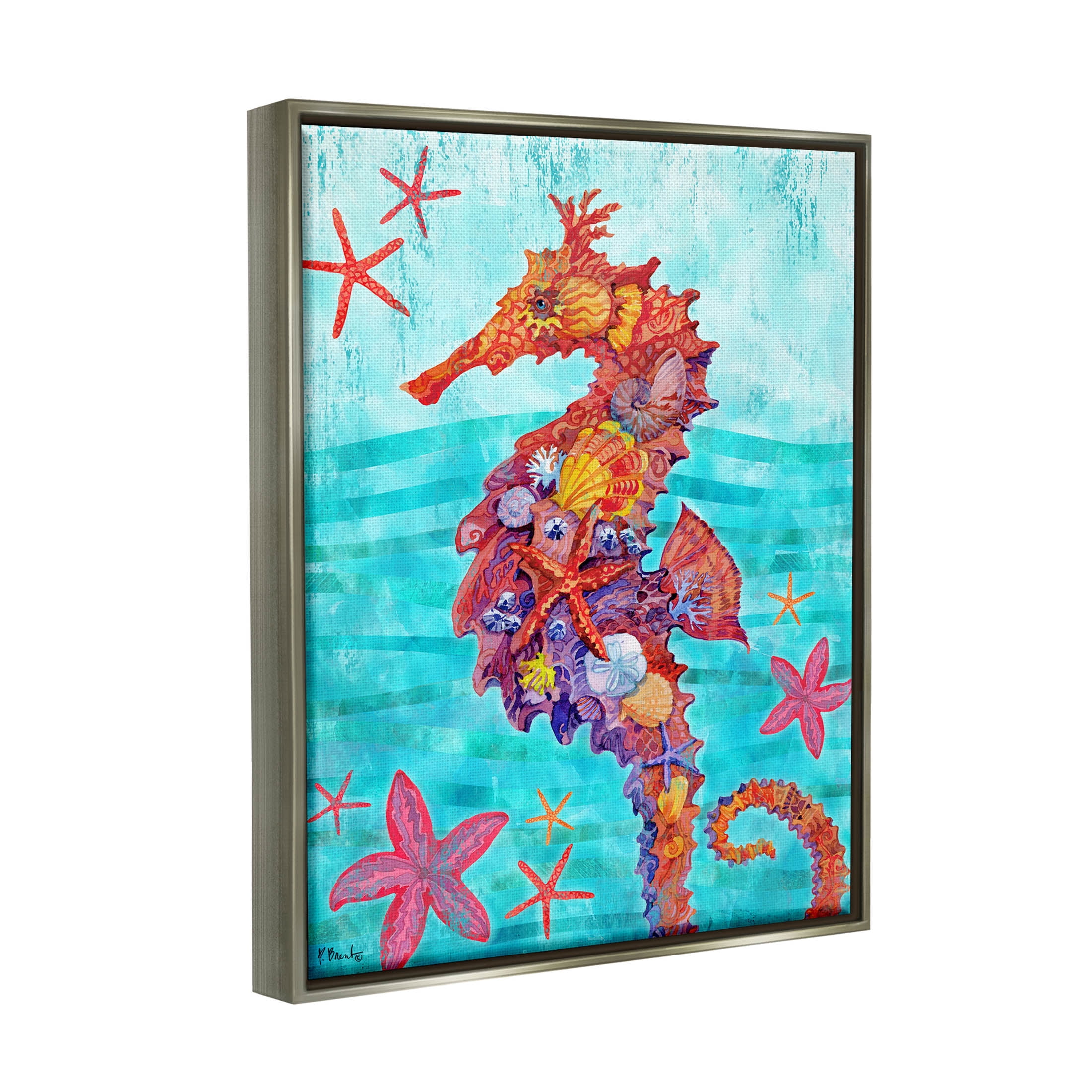 Stupell Industries Nassau Seahorse Aquatic Shell Collage Graphic Art Luster Gray Floating Framed Canvas Print Wall Art, Design by Paul Brent