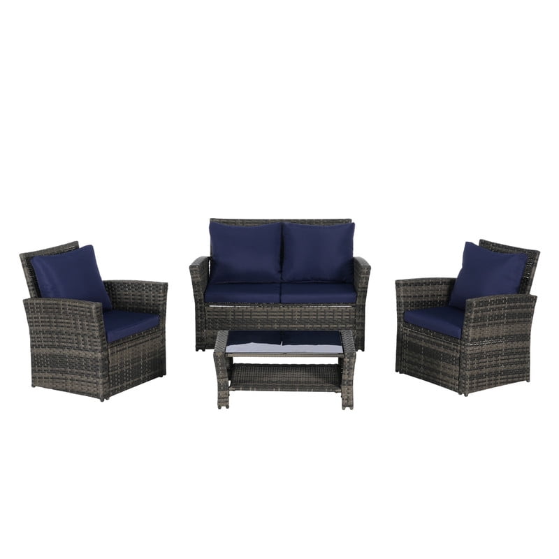 4-Piece Patio Furniture Set, Outdoor Wicker Sectional Sofa Set with Tempered Glass Coffee Table, Outdoor Conversation Set for Backyard Garden