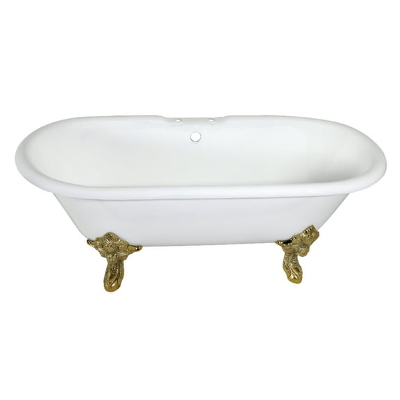Aqua Eden VCT7DE7232NL2 72-Inch Cast Iron Oval Double Ended Clawfoot Tub (7-Inch Faucet Drillings) in White/Polished Brass