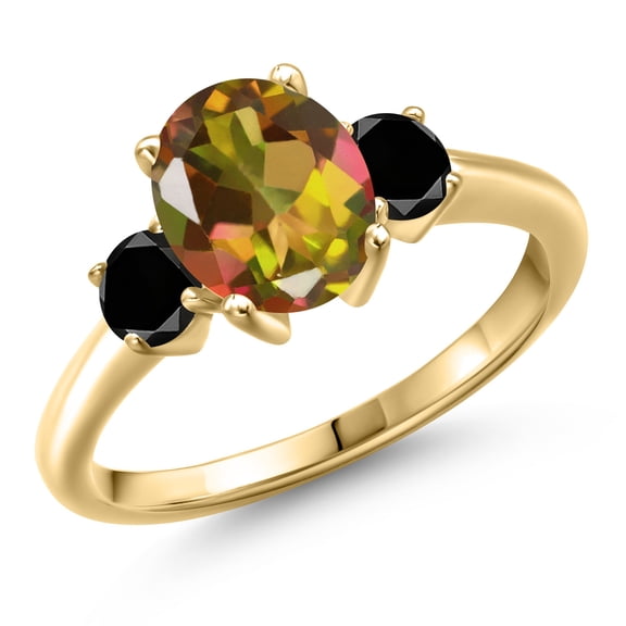Gem Stone King 10K Yellow Gold Mango Mystic Topaz and Black Diamond Engagement Ring for Women | 2.54 Cttw | Oval 9X7MM | Gemstone November Birthstone | Size 8