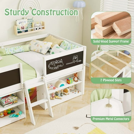 Costway Twin Size Low Loft Bed with Ramp Ladder & Bookcases Full-length Safety Guardrail - White