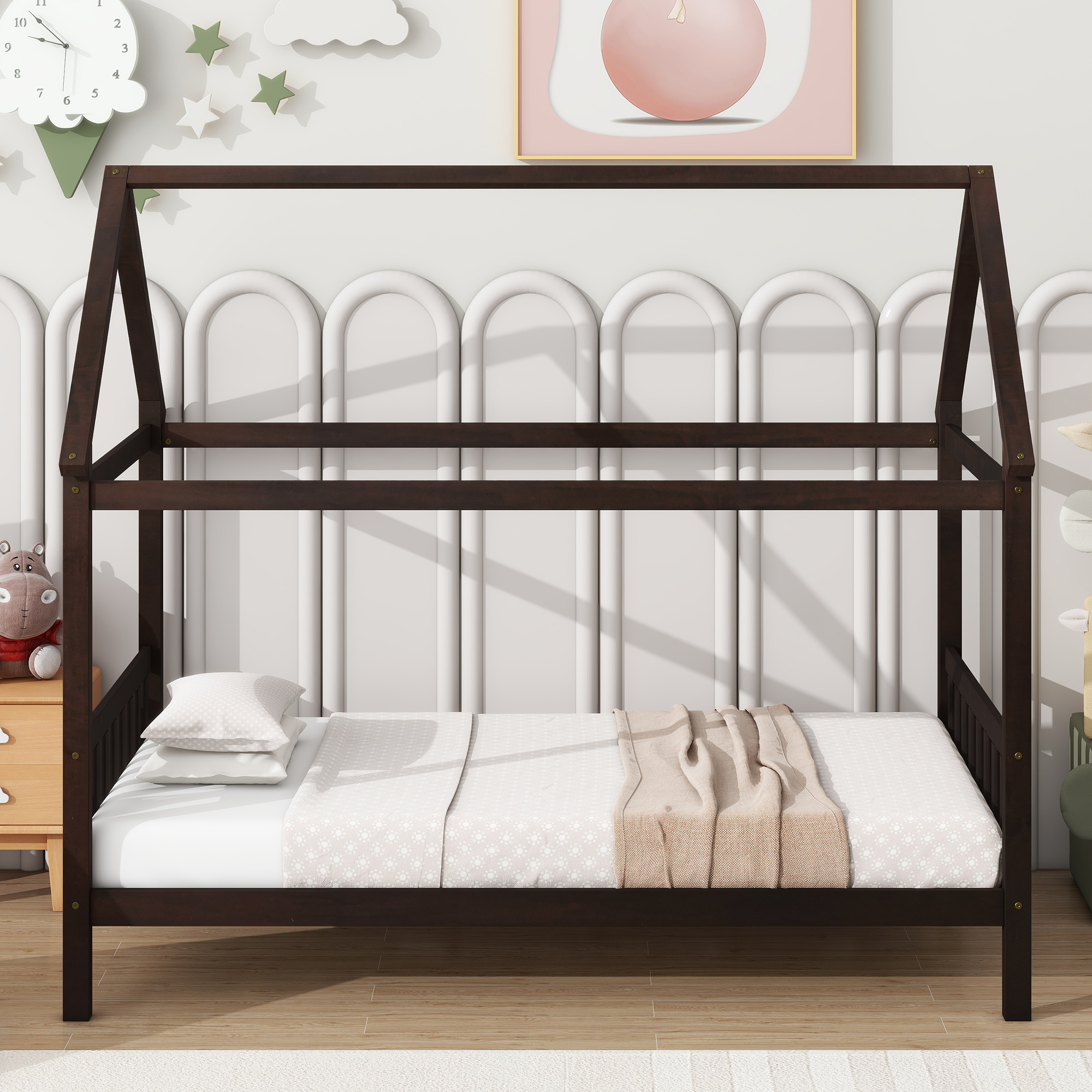Miniyam Wood Twin Size Bed with House-shaped Design for Kids and Teens, Espresso