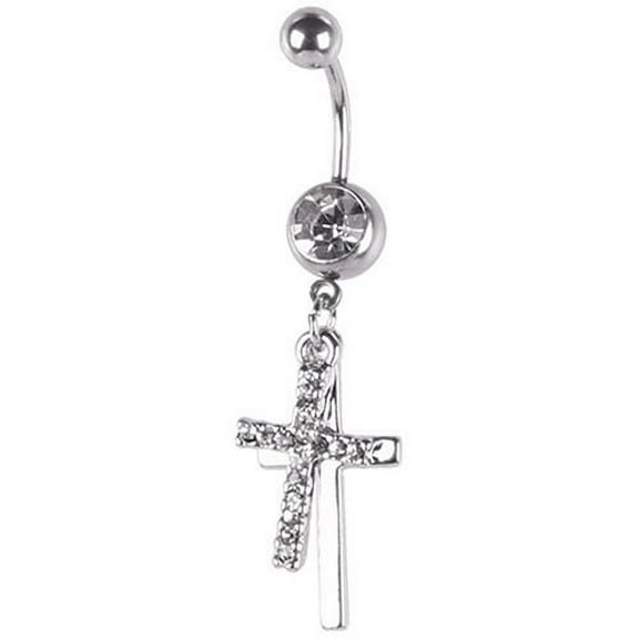 NUZYZ Rhinestone Double Cross Dangle Navel Belly Button Barbell Ring Body Piercing Jewelry