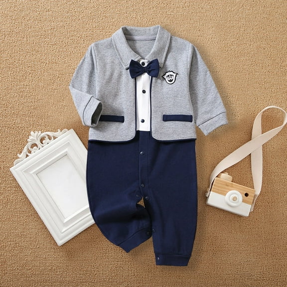 Mwjwdo Toddler Baby Girl Boy Jumpsuit British Style Gentleman's Button Down Lapel Suit Shirt Romper Bodysuit Infant Clothes