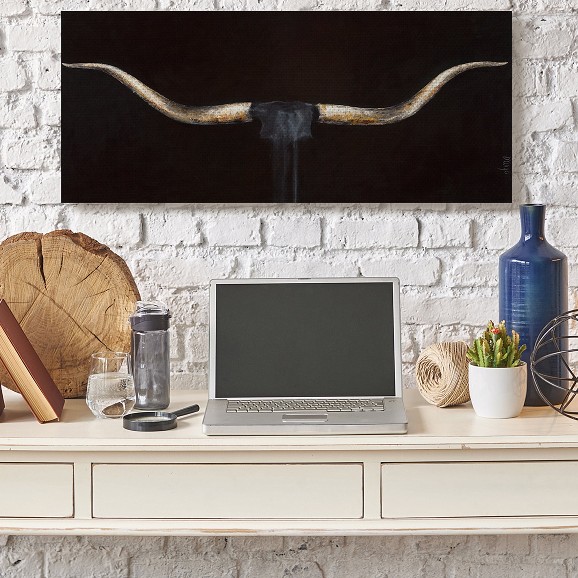 Stupell Home Décor Bull Horns Shadow Black Brown Animal Painting Canvas Wall Art by Third and Wall