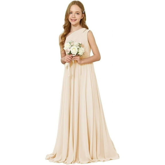 Drtj One-Shoulder Junior Bridesmaid Chiffon Dress for Wedding Flower Girl drtj Boho Dress First Communion Dress