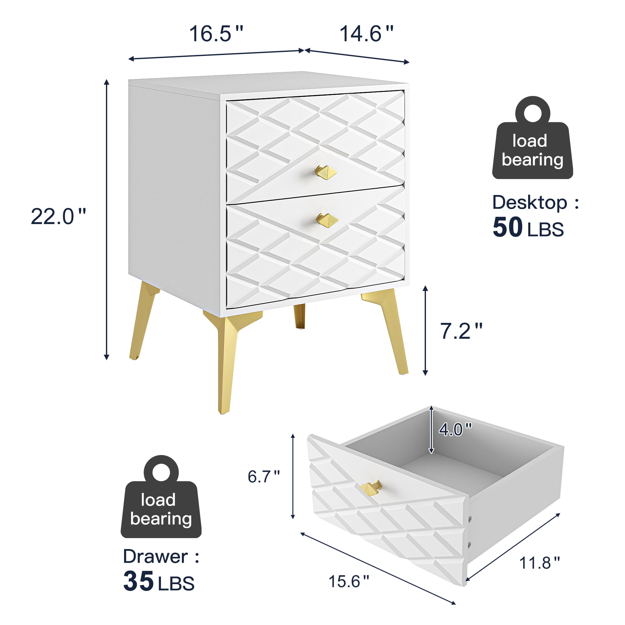 Finihen 22" Tall Carved Nightstand with 2 Drawers, End Table Dual Night Stand with Metal Legs for Bedroom Living Room, White