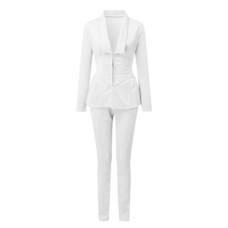 TANGNADE Women's Two-piece Lapels Suit Set Office Business Long Sleeve  Formal Jacket Slim Fit Trouser Suit Pink L 