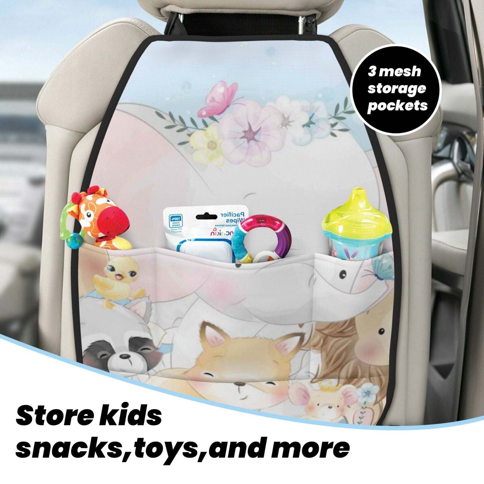 Xecao Cute Animals Pattern Car Seat Back Protector 2 Pack Large Capacity Pocket, Kick Mats Back Seat Protector
