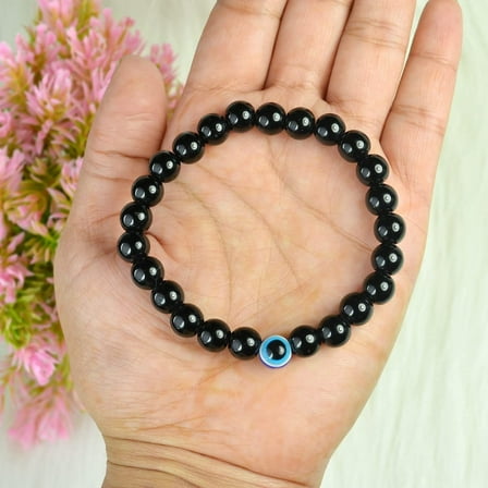 Natural Black Tourmaline Crystal Stones with Evil Eye 8 mm Bead Bracelet for Unisex