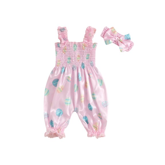Baby Toddler Girls 2Pcs Easter Outfits 6 12 24 Months Sleeveless Easter Egg Print Smocked Romper Headband Set Newborn Clothes