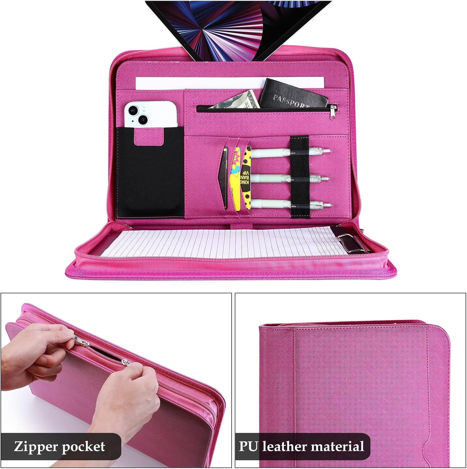 ProCase Portfolio Business Padfolio Folder with Zipper, Document Organizer with Pockets Letter Size A4 Writing Pad Padfolio -Magenta