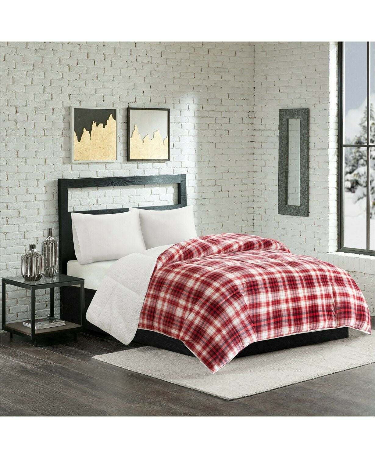 Premier Comfort Micro Velvet Sherpa Reversible Plaid Comforter KING Red