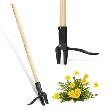 Stand Up Weed Puller Tool Heavy Duty Weeding Tool with Long Wooden Handle and 4-Claw Steel Head