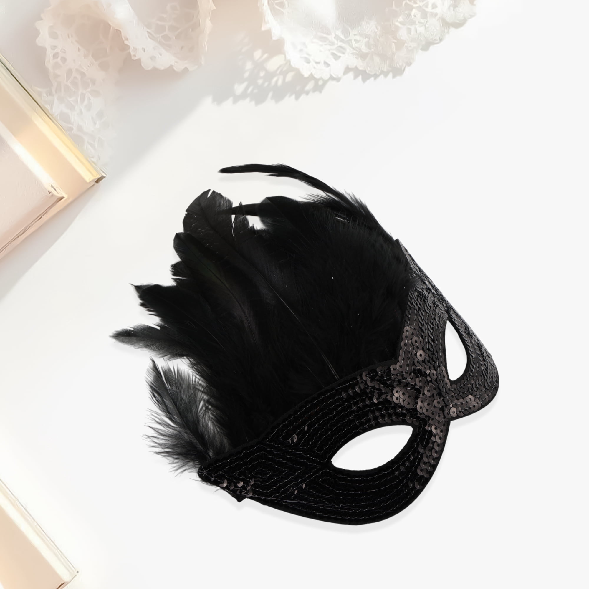 Unique Bargains 1 Pack Elegant Sequined Feathers Party Mask Black