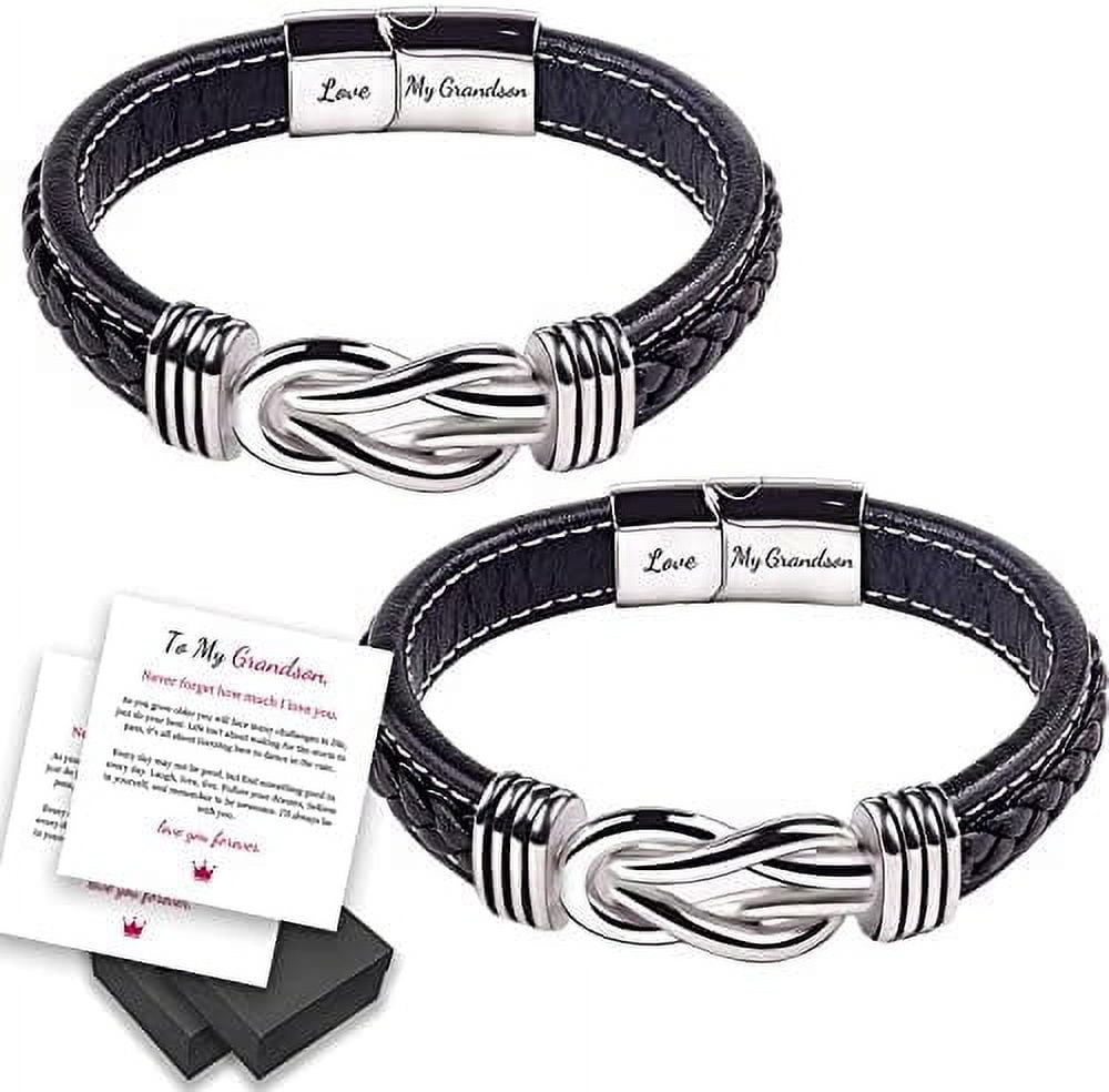 to My Grandson, Grandmother and Grandson Forever Linked Together Leather Braided Bracelet, Men's Braided Leather Knot Wristband Cuff Bracelet, Inspirational Bracelet Gift