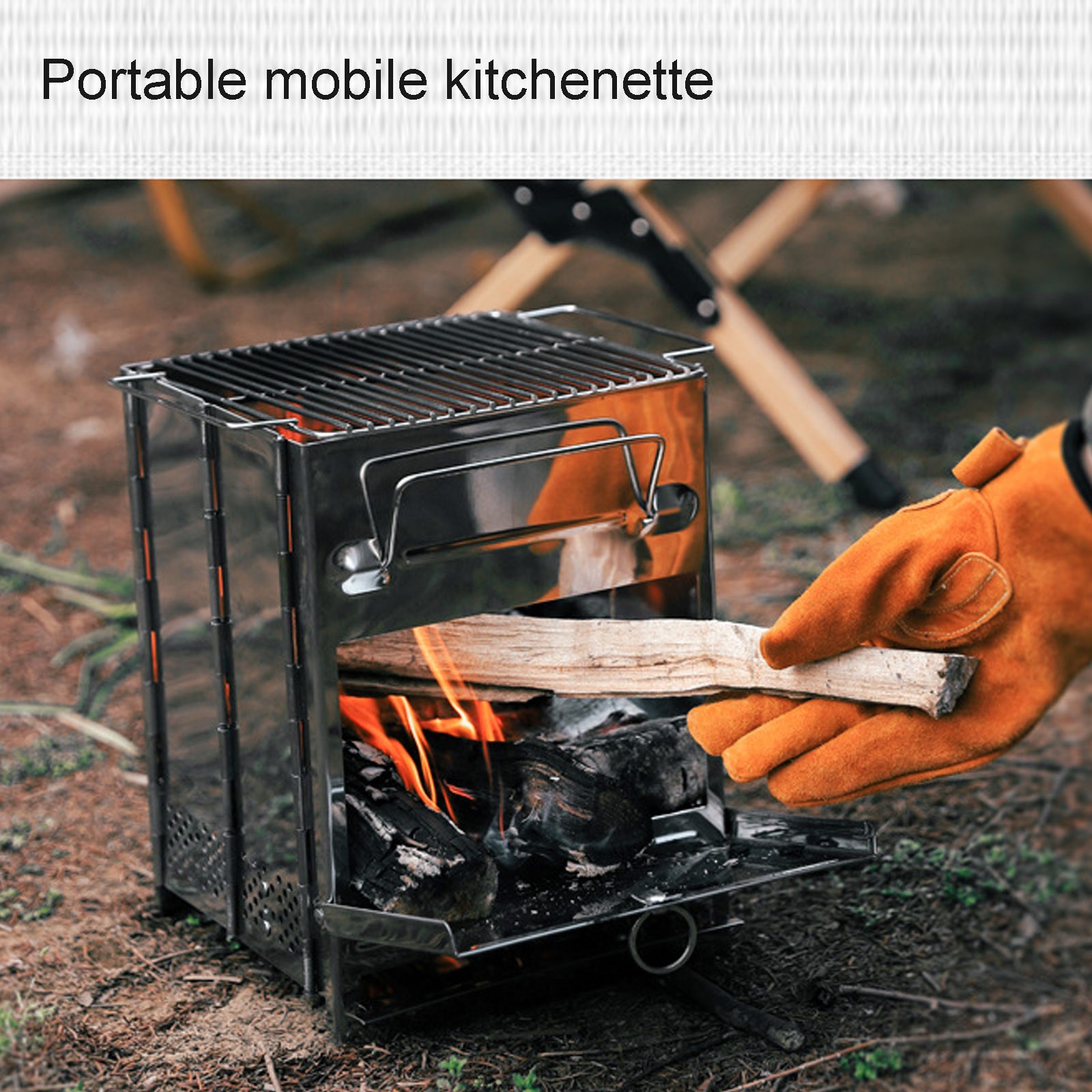 Nhthy Outdoor Portable Barbecue Stove, Stainless Steel Folding Camping Grill, Mini Charcoal Wood Burning Stove, Dual-Purpose Outdoor Heater and BBQ Silver