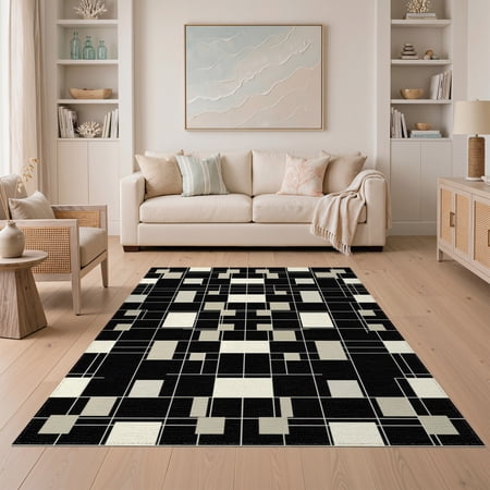 ODIKA 5 x7 Washable Area Rug Easy Care Non-Shedding Pet Friendly Grid Minimalist Interlocking Block Motif Brushstroke Abstract Linework Refined for Small Living Room Bedroom