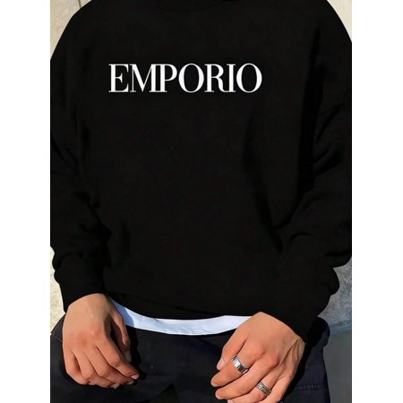 Men's Crew Neck Sweatshirt For Autumn, Printed With White "EMPORIO" Lettering, Minimalist Design, Streetwear With Fashionable And Creative Text Prints