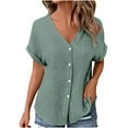 thumbnail image 2 of HOMBOM Tops for Women V Neck Button down Tunic Tops Cotton Spring Short Sleeve Solid Color Ladies Blouse, 2 of 9