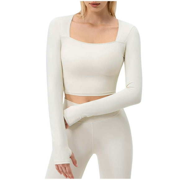 Dagugfen Crop Tops for Women Thumb Hole Square Neck Tight Long Sleeve Stretch Workout Tops for Pilates