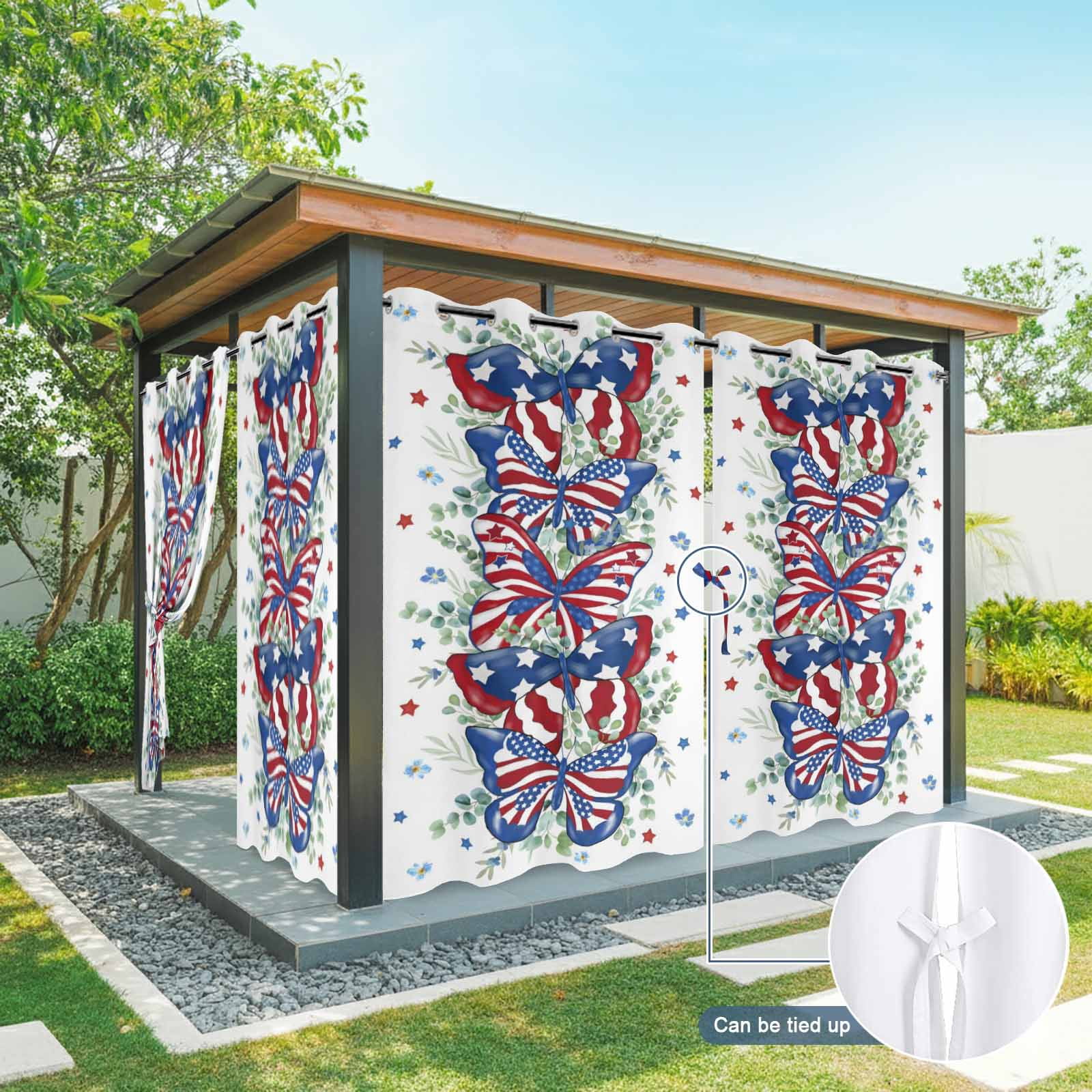 Independence Day Butterfly Outdoor Curtains for Patio, Country American Flag Butterfly Star Green Leaf Sunshade Privacy Drapes Grommet Waterproof Outside Curtains for Porch Balcony 54"x108", 1 Panel