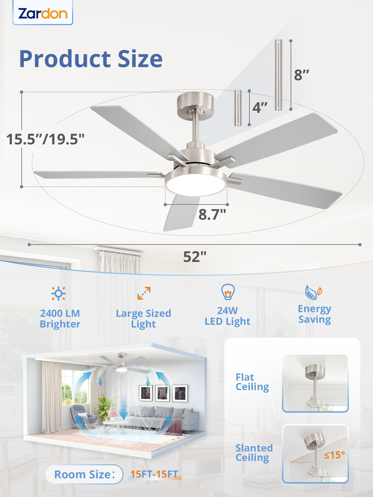 Zardon 52 inch Black Ceiling Fan with LED Light and Remote