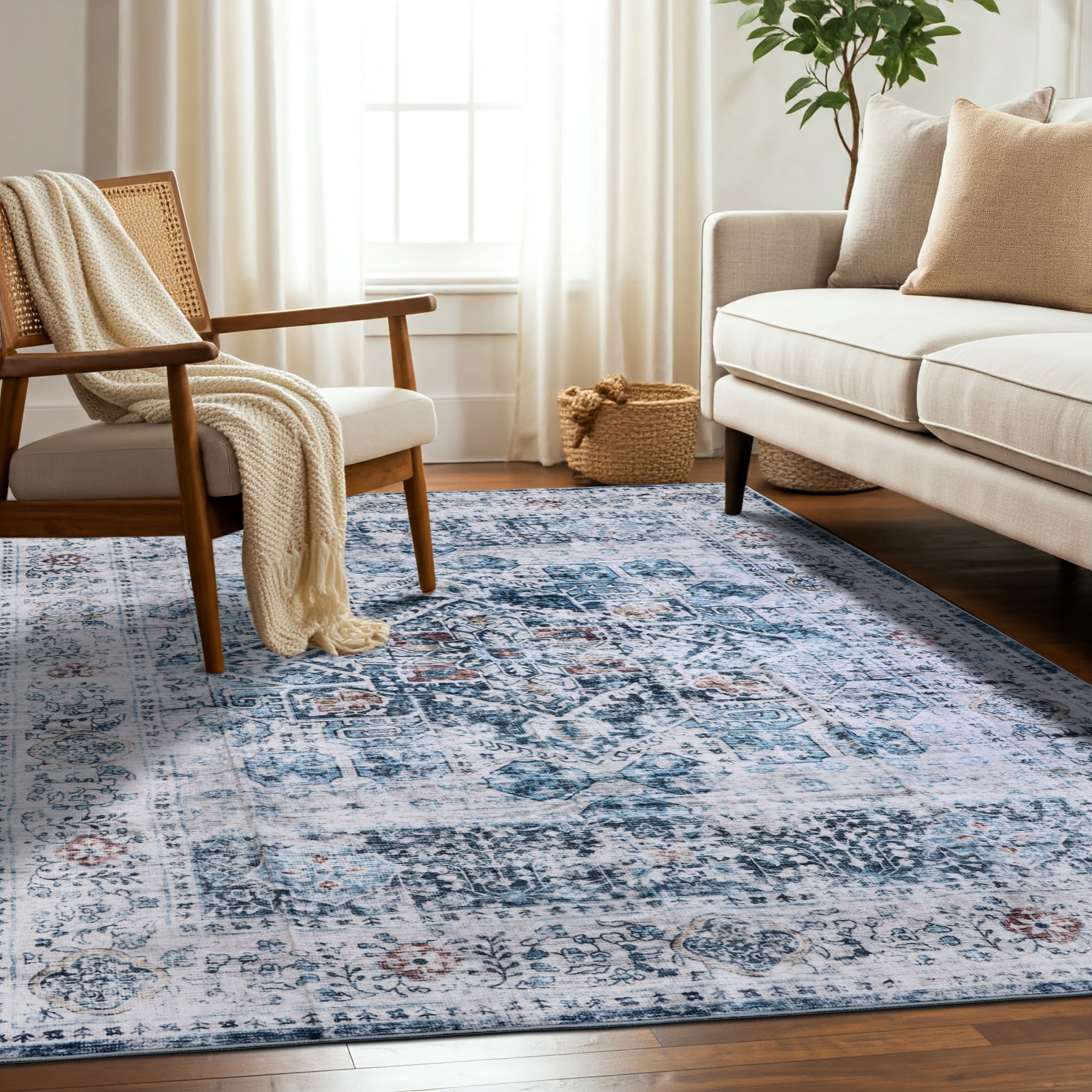 Delara 8'x10' Machine Washable Area Rug, Soft & Durable, Non-Slip, Stain Resistant, Misty Azure, for Bedroom, Living & Dining Room