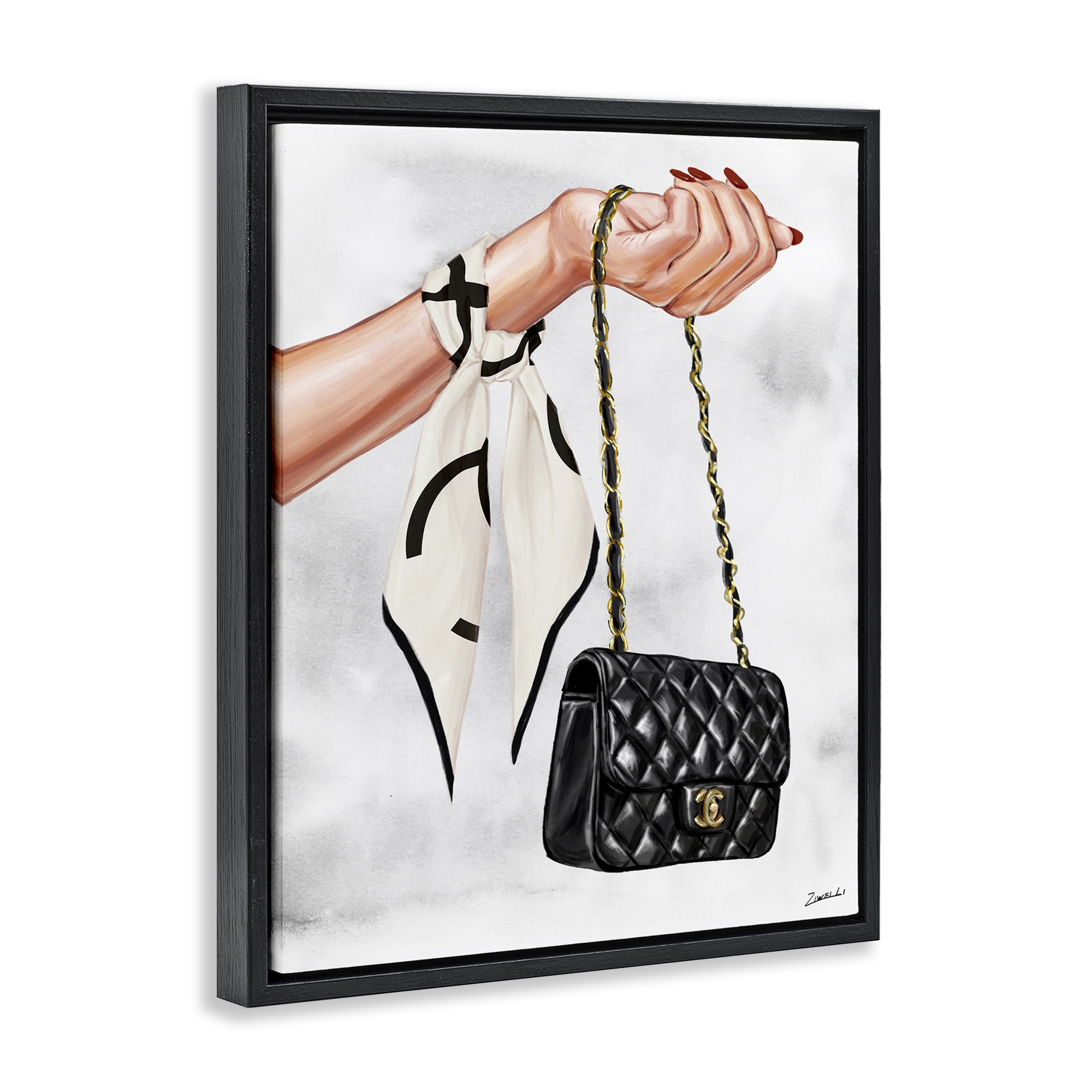 Stupell Industries Black Handbag on Wrist Fashion Painting Black Floater Framed Canvas Art Print Wall Art, 17 x 21