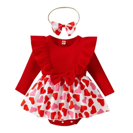 

Girls Valentine s Day Long Sleeve Ribbed Hearts Printed Ruffles Romper Bodysuits Headbands Set