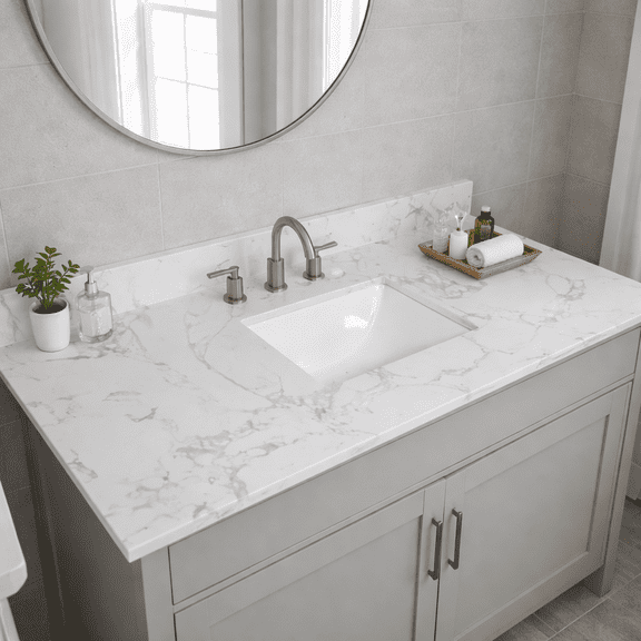 Montary 43x22 bathroom stone vanity top engineered stone carrara white marble color with rectangle undermount ceramic sink and 3 faucet hole with back splash .