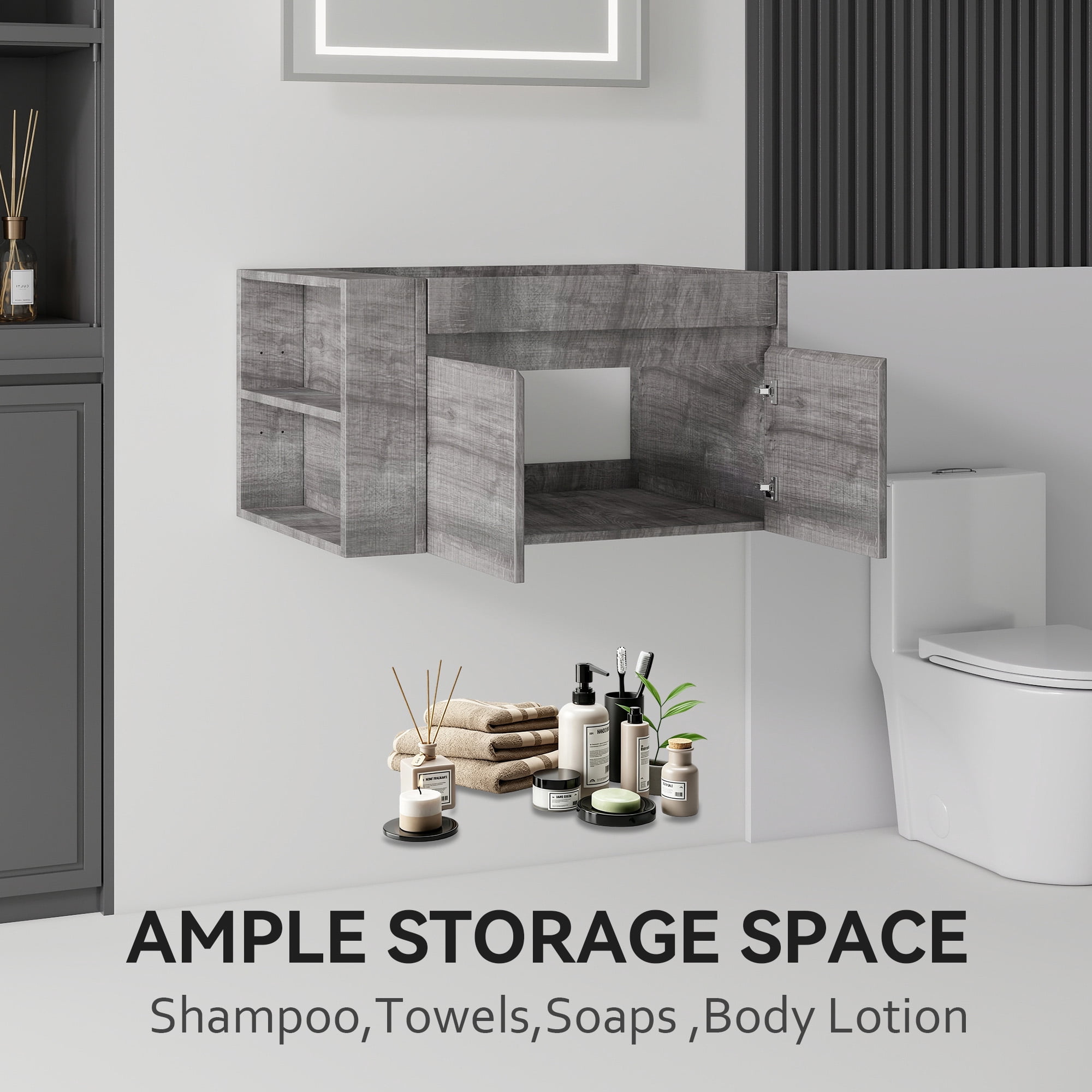 Leumius 30" Floating Bathroom Vanity Cabinet with Open Side Storage Compartment,Soft-Close Double Doors,Wall Mounted Bathroom Cabinet for Small Space,Cabinet Only,Grey