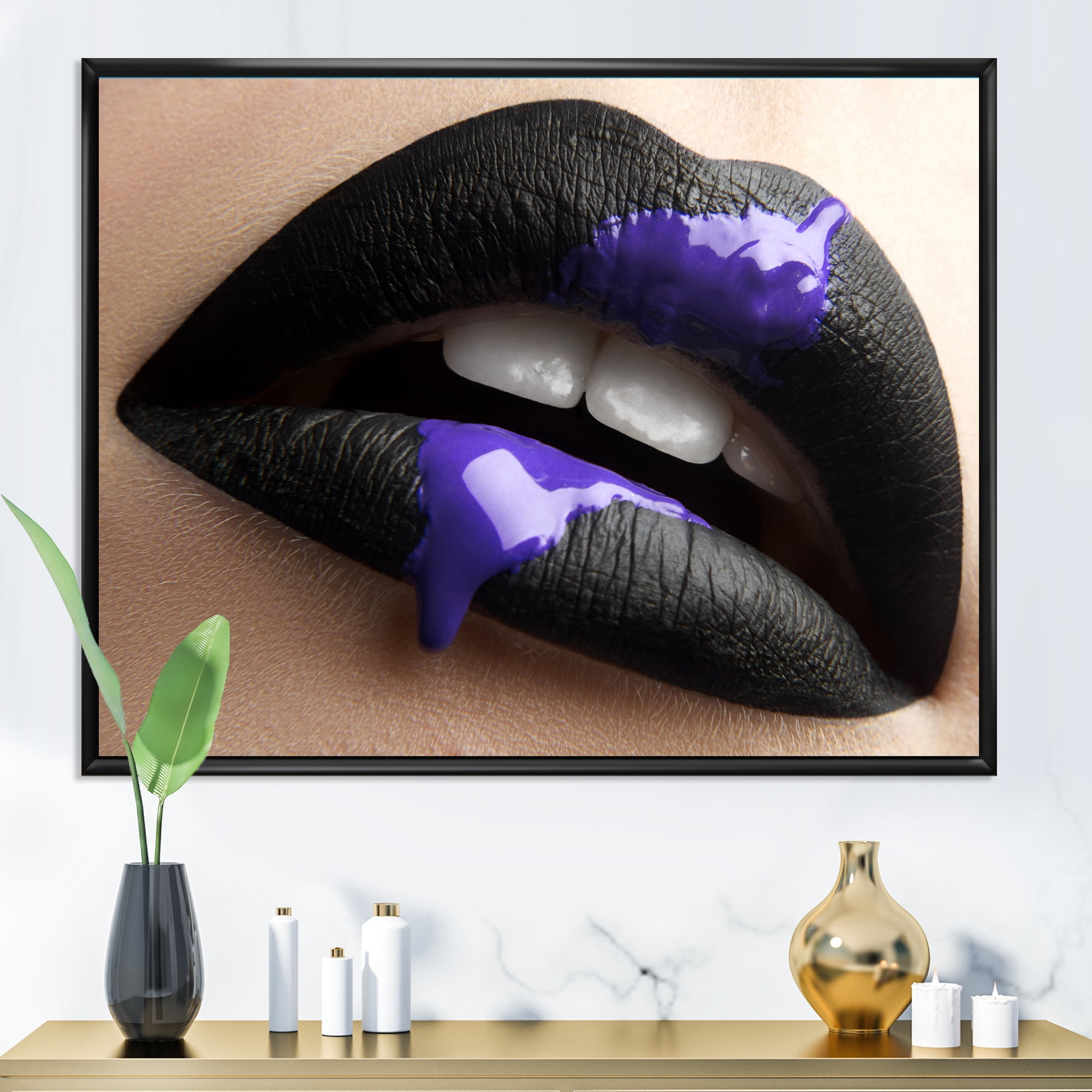 Designart 'Woman Lips With Black Lipstick & Purple Paint' Modern Framed Canvas Wall Art Print