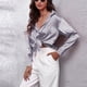 thumbnail image 5 of Blusa de trabajo formal con botones de manga larga de seda de imitación de satén para mujer - Gris, 5 of 7