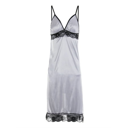 

Women’s Sexy Lingerie Set Soft Patchwork Lace Chest Bow Deep V Neck Pajama Dress with Cozy Thong 2PCS Set Sleepwear