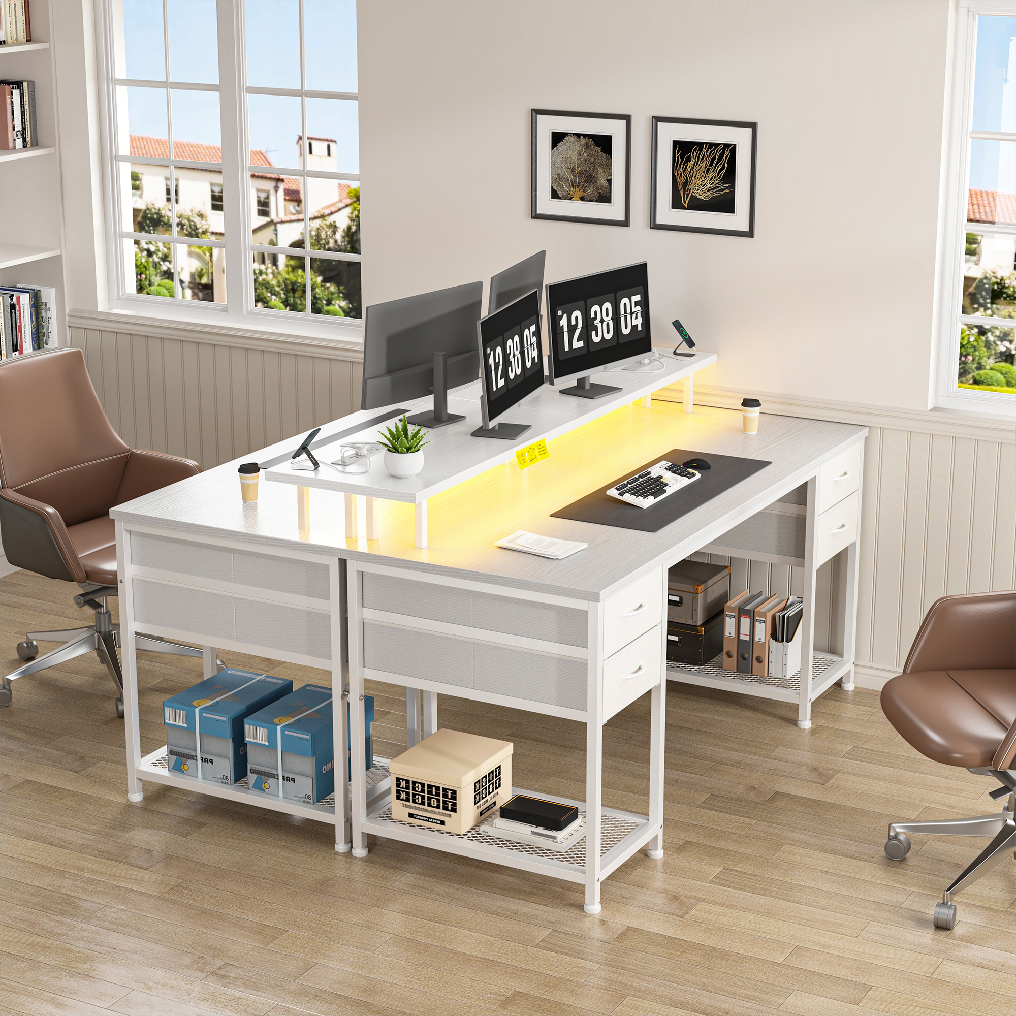 EnHomee Office Desk with 4 Fabric Drawers Gaming Desk with storage Computer Desk for Bedroom, White