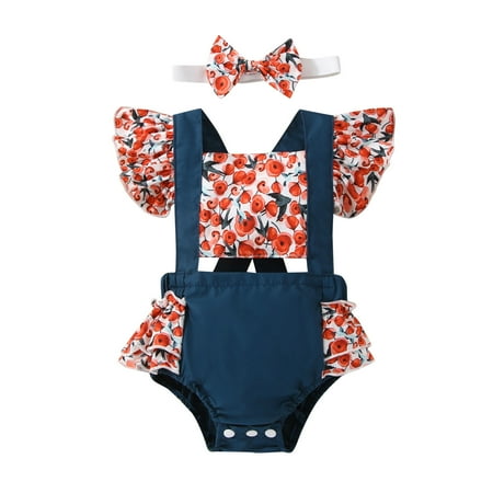

Baby Girl Romper Floral Knit Ruffle Shorts Sleeves Onesie Bodysuit Romper Jumpsuit Headband Clothes
