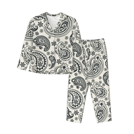 2 Piece Womens Pajama Sets - Black White Floral Paisley Soft Sleepwear Comfy Pajamas Ladies Pj Lounge Sets with Pockets  Long Sleeve Button Shirt and Pajama Pants Pjs Sets for Women