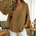 thumbnail image 7 of 3/4 Length Sleeve Womens Tops Ladies Summer Tops Summer Blouses Vacation Outfits Blouses for Women Dressy Casual Linen Shirts Ladies Tops And Blouses Gauze Shirts Women's Oversized T-Shirts Brown L, 7 of 7