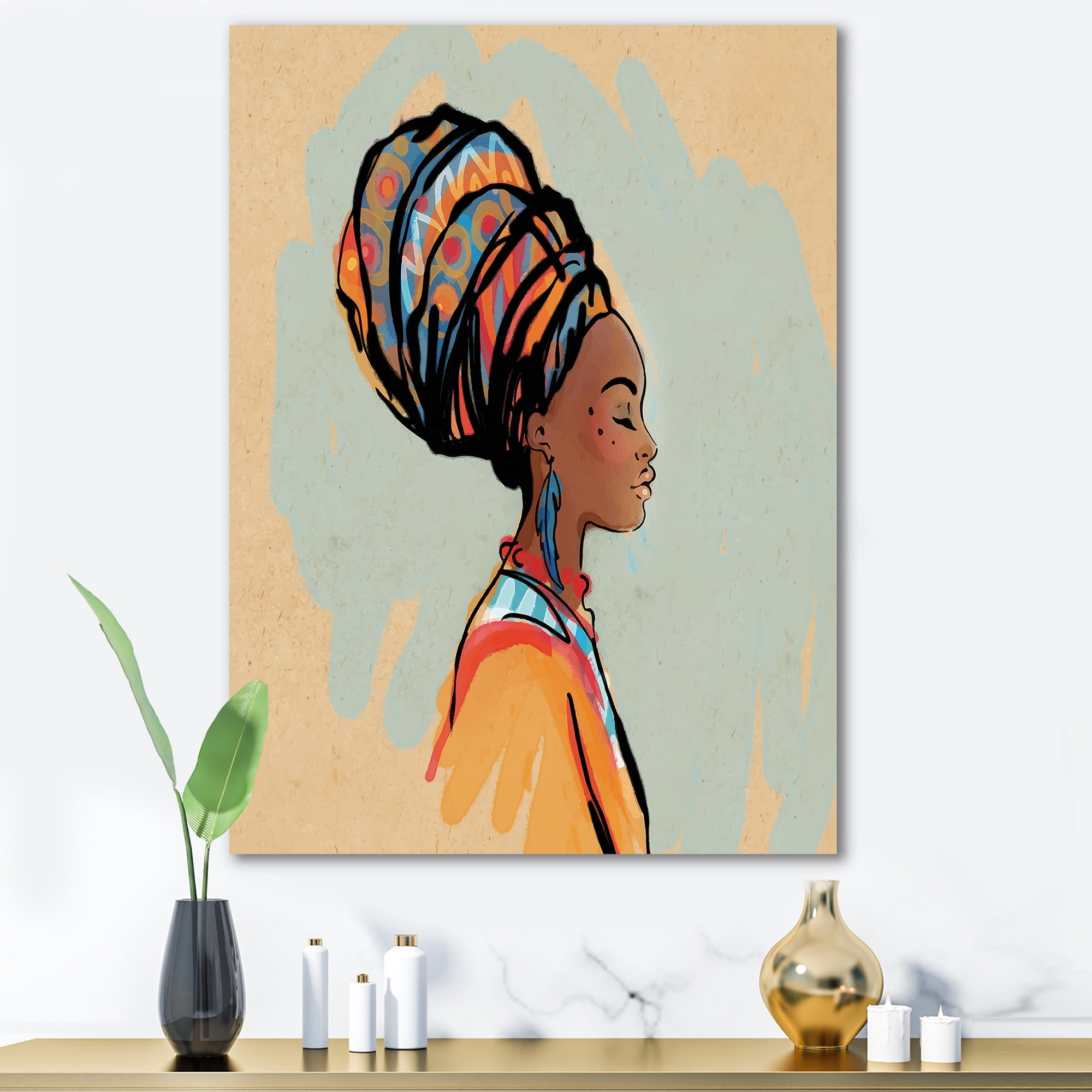 Designart ' Portrait of African American Woman With Turban III ' Modern Canvas Wall Art Print