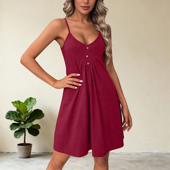Xaqiouau Women's Thin Strap Deep V Neck Button Decorated Chest Panel Flared Mini Dress Casual Daily Wear Garment
