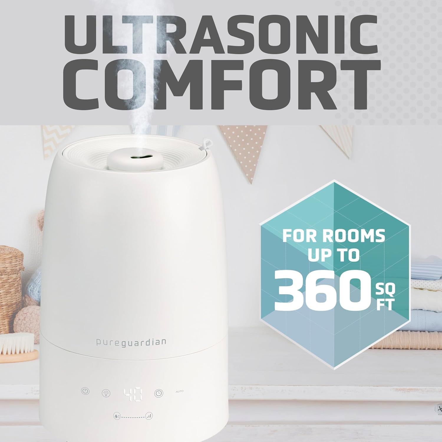 H955W Top Fill Cool Mist Ultrasonic Humidifier for Large Rooms with Humidistat and Timer