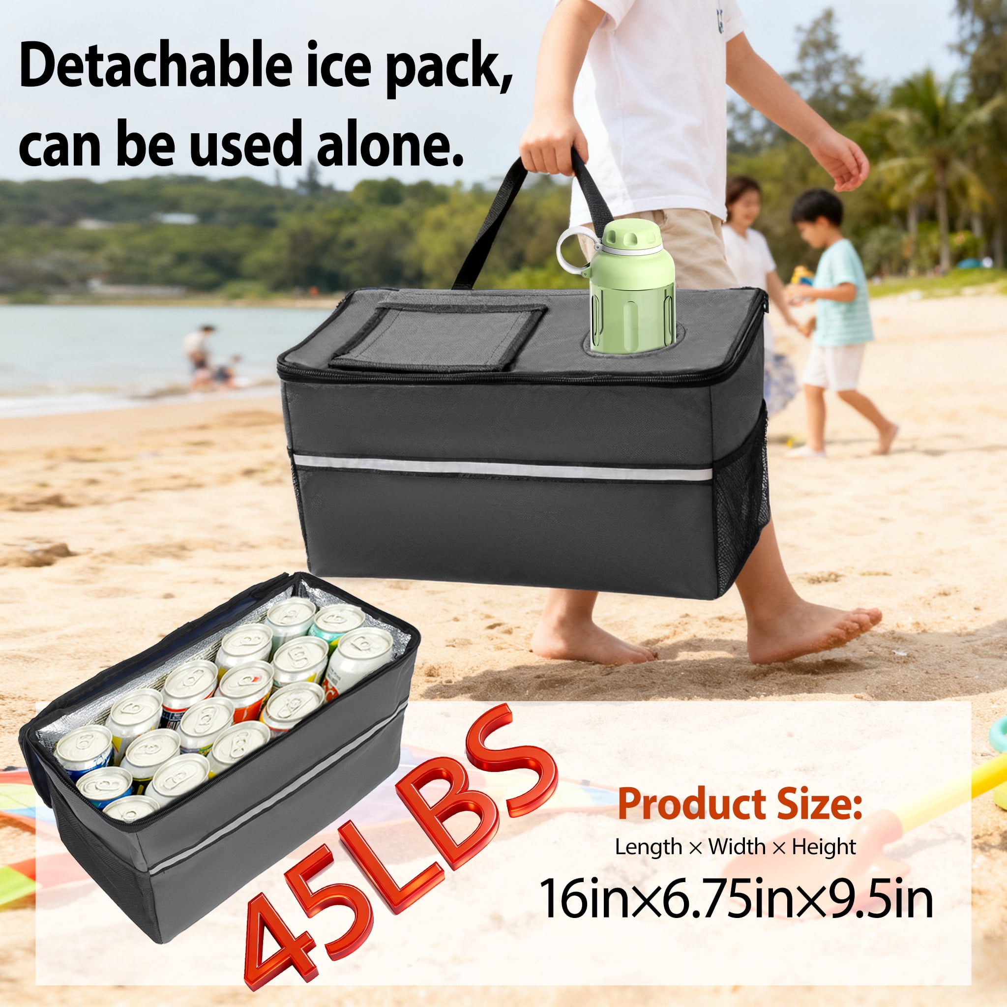 Patented 3‑in‑1 Folding Wagon Cart with Bench Seat & Storage, 500lbs Heavy‑Duty 180L All‑Terrain Utility Wagon with 1 Ice Pack, for Camping Beach Garden Sports, Gray